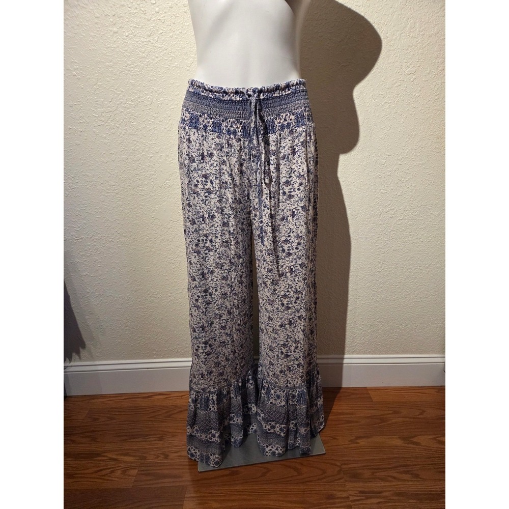 Mustard Seed Blue Floral Wide Leg Smocked Waist Ruffle Hem Boho Pants Womens